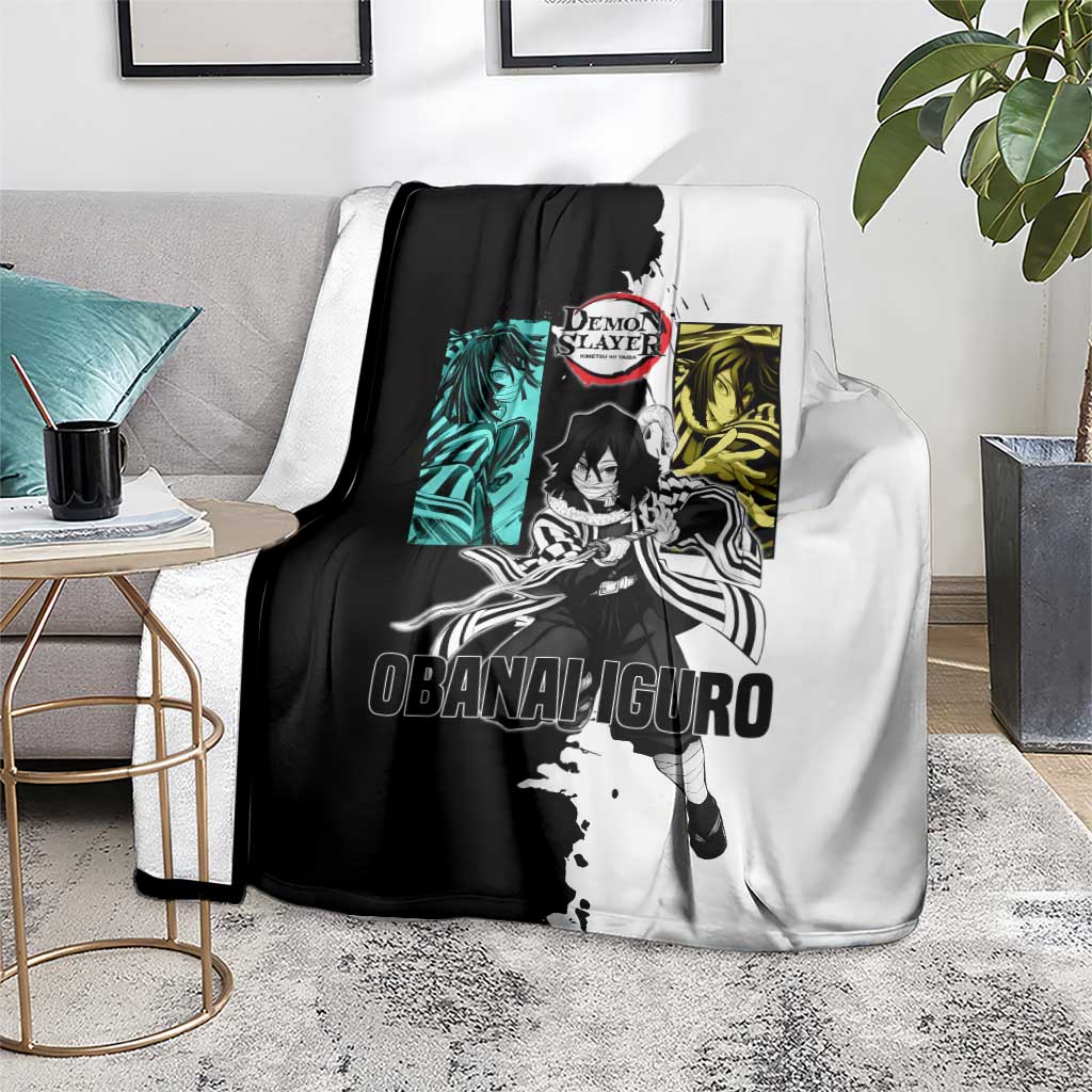 Obanai Iguro from Demon Slayer Blanket with Black and White Contrast Background and Serpent-Themed Manga Style Design - The Mazicc