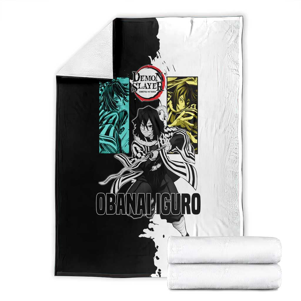 Obanai Iguro from Demon Slayer Blanket with Black and White Contrast Background and Serpent-Themed Manga Style Design - The Mazicc