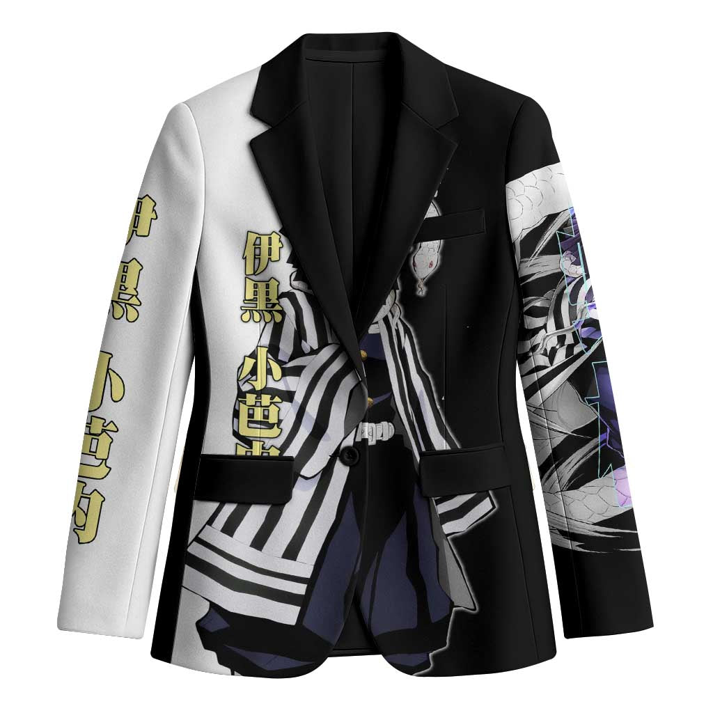 Obanai Iguro from Demon Slayer Blazer with Black and White Contrast Background and Serpent-Themed Manga Style Design - The Mazicc