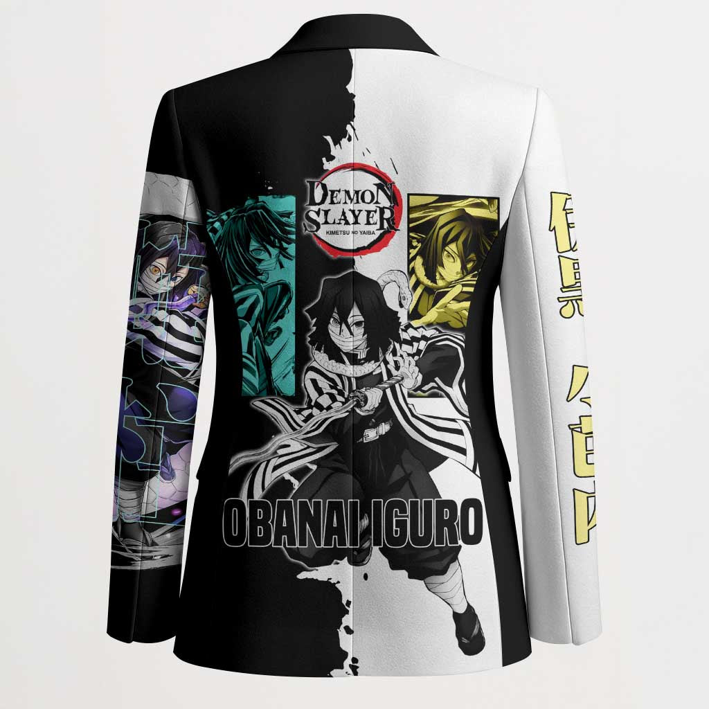 Obanai Iguro from Demon Slayer Blazer with Black and White Contrast Background and Serpent-Themed Manga Style Design - The Mazicc