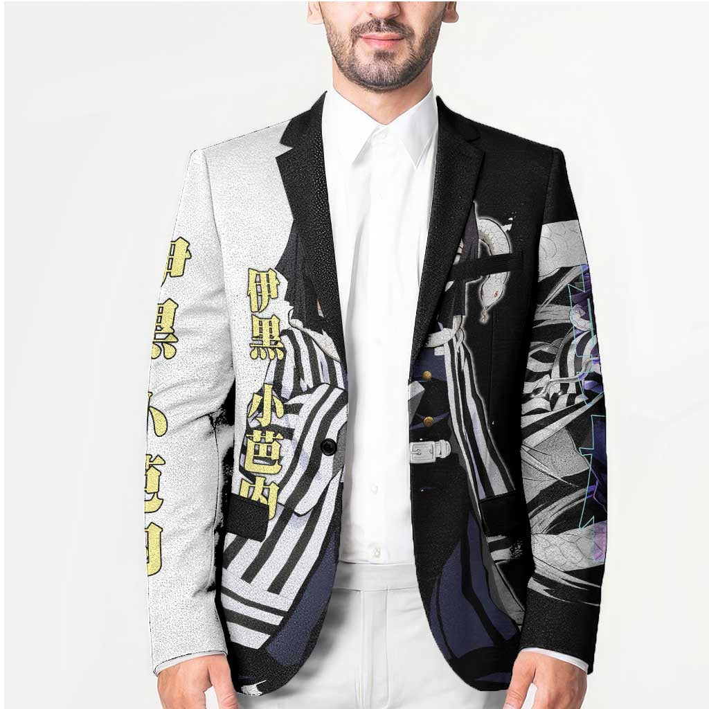 Obanai Iguro from Demon Slayer Blazer with Black and White Contrast Background and Serpent-Themed Manga Style Design - The Mazicc