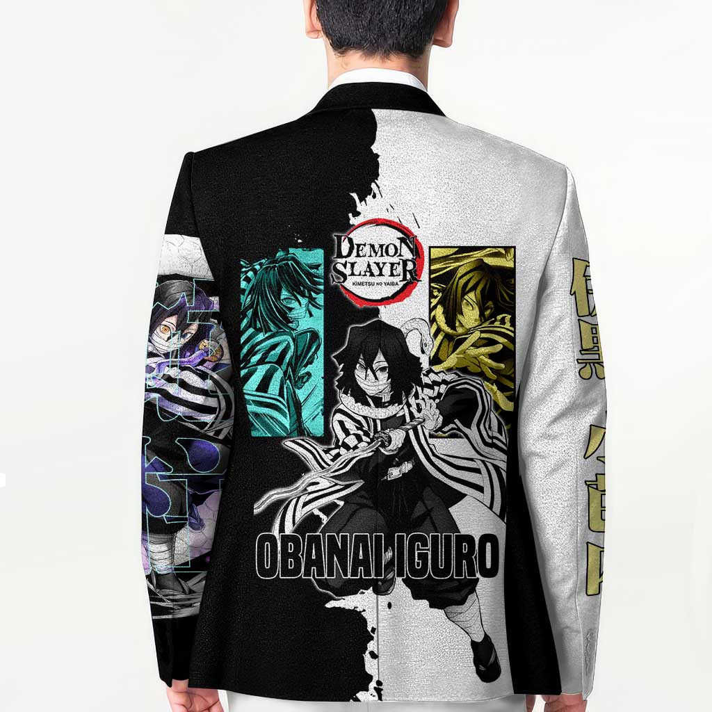 Obanai Iguro from Demon Slayer Blazer with Black and White Contrast Background and Serpent-Themed Manga Style Design - The Mazicc