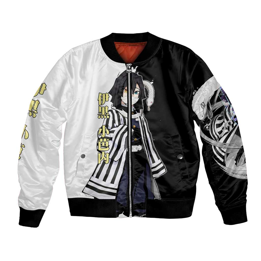 Obanai Iguro from Demon Slayer Bomber Jacket with Black and White Contrast Background and Serpent-Themed Manga Style Design - The Mazicc