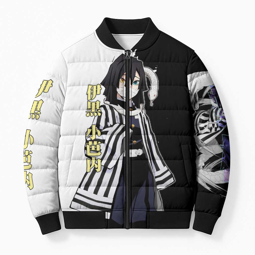 Obanai Iguro from Demon Slayer Bomber Puffer Jacket with Black and White Contrast Background and Serpent-Themed Manga Style Design - The Mazicc