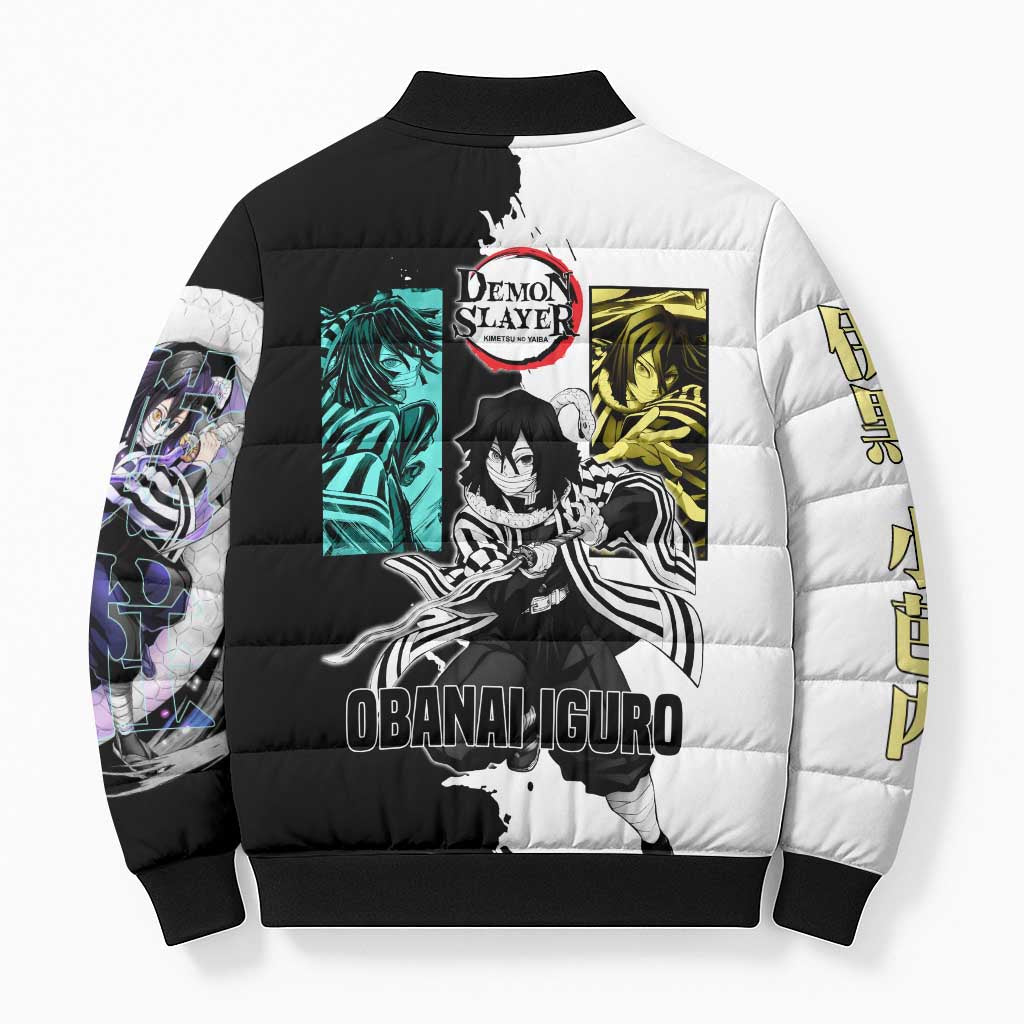 Obanai Iguro from Demon Slayer Bomber Puffer Jacket with Black and White Contrast Background and Serpent-Themed Manga Style Design - The Mazicc