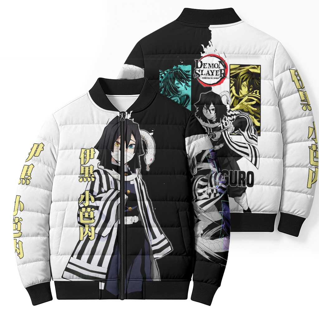 Obanai Iguro from Demon Slayer Bomber Puffer Jacket with Black and White Contrast Background and Serpent-Themed Manga Style Design - The Mazicc