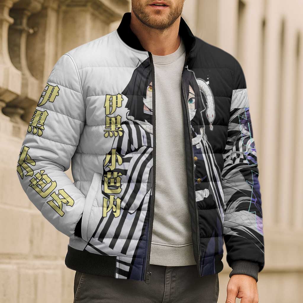 Obanai Iguro from Demon Slayer Bomber Puffer Jacket with Black and White Contrast Background and Serpent-Themed Manga Style Design - The Mazicc