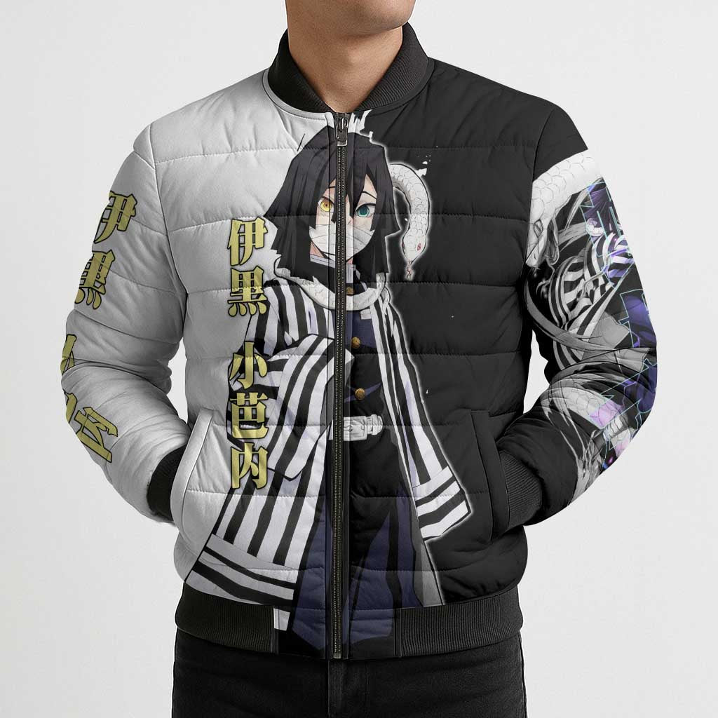 Obanai Iguro from Demon Slayer Bomber Puffer Jacket with Black and White Contrast Background and Serpent-Themed Manga Style Design - The Mazicc