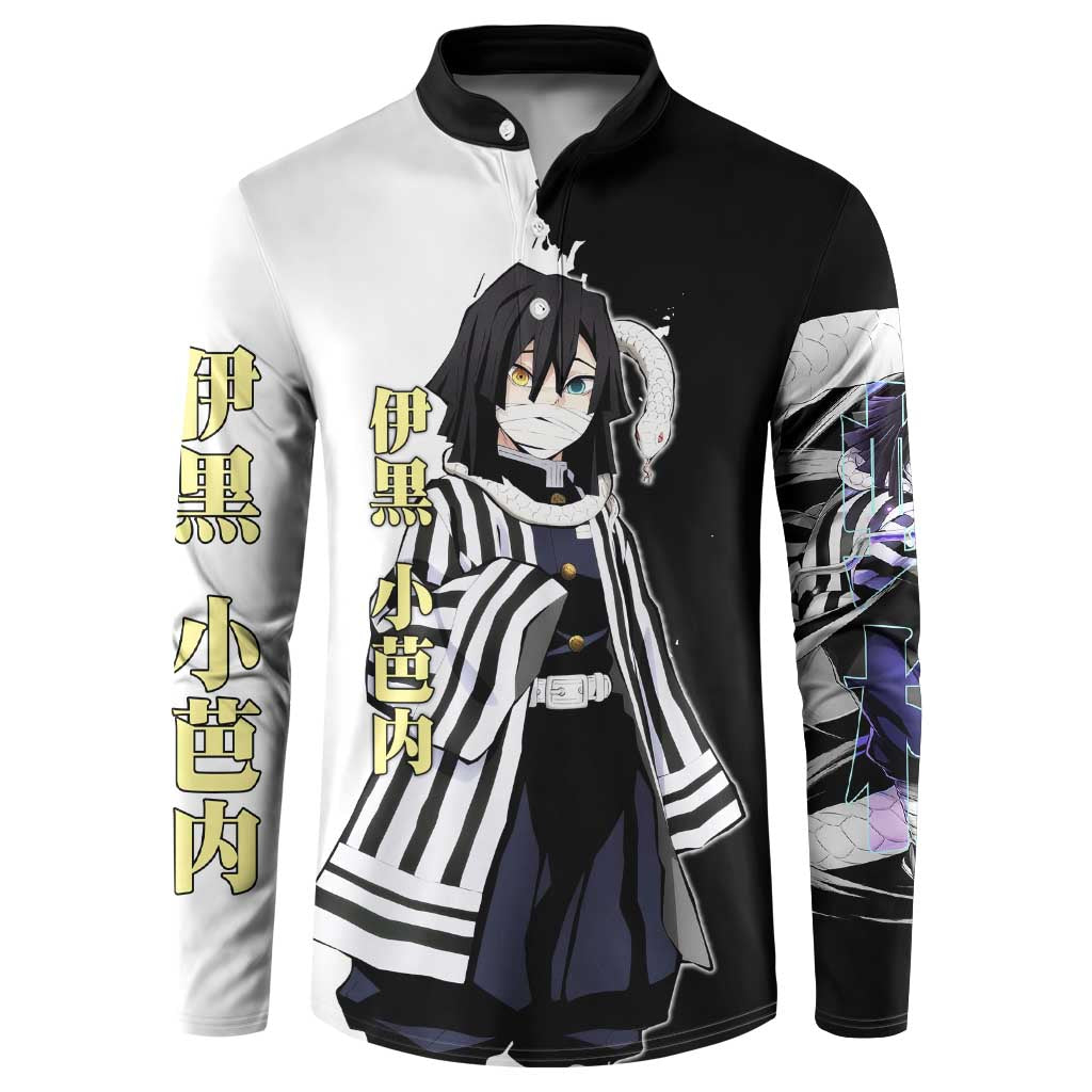 Obanai Iguro from Demon Slayer Button Sweatshirt with Black and White Contrast Background and Serpent-Themed Manga Style Design - The Mazicc