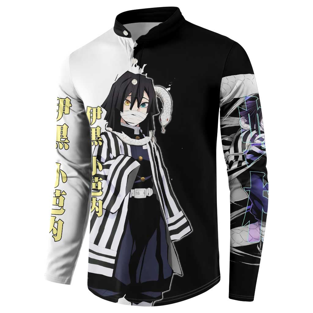 Obanai Iguro from Demon Slayer Button Sweatshirt with Black and White Contrast Background and Serpent-Themed Manga Style Design - The Mazicc