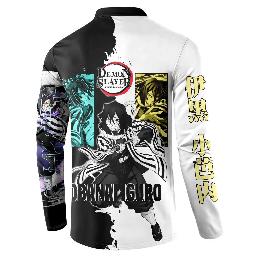 Obanai Iguro from Demon Slayer Button Sweatshirt with Black and White Contrast Background and Serpent-Themed Manga Style Design - The Mazicc