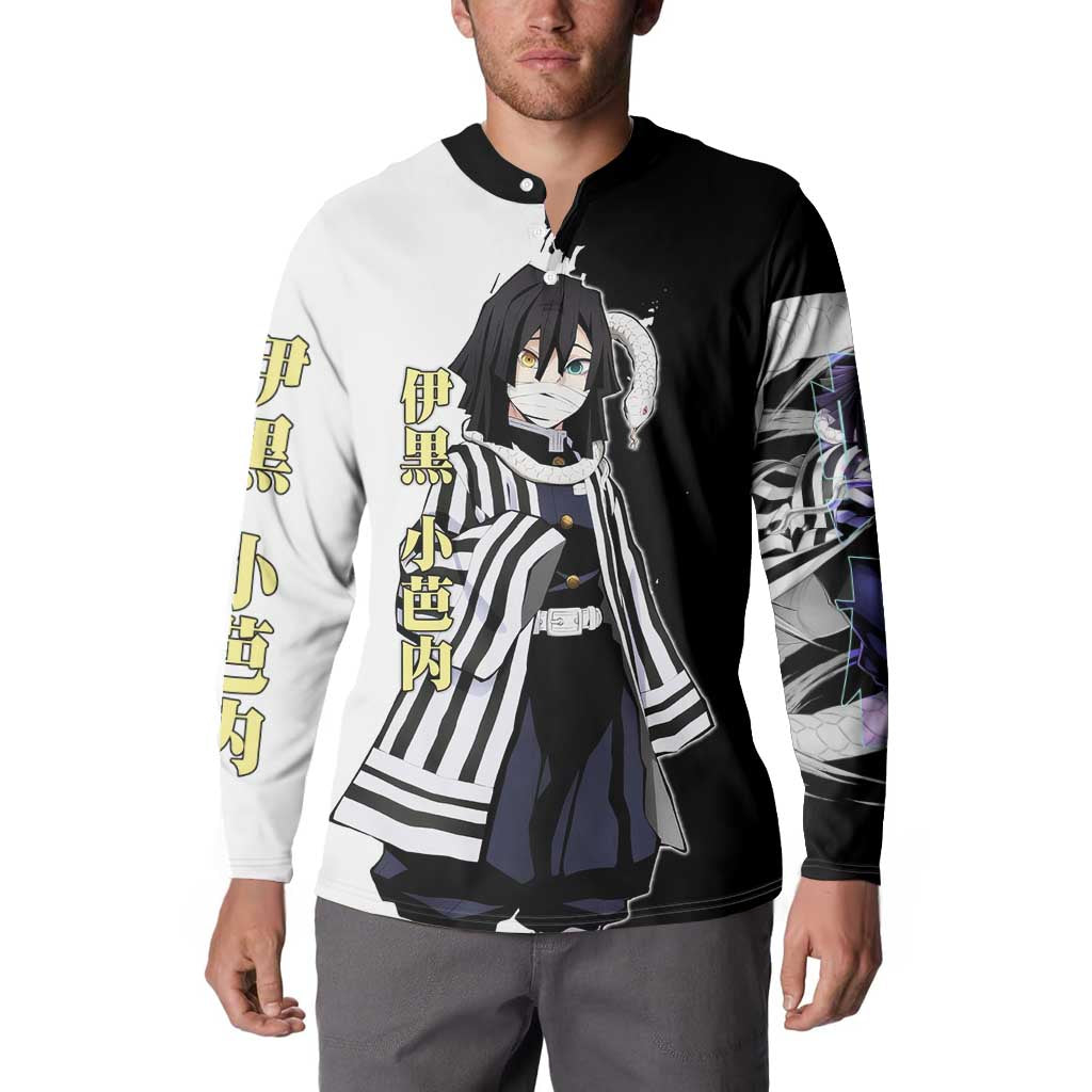 Obanai Iguro from Demon Slayer Button Sweatshirt with Black and White Contrast Background and Serpent-Themed Manga Style Design - The Mazicc