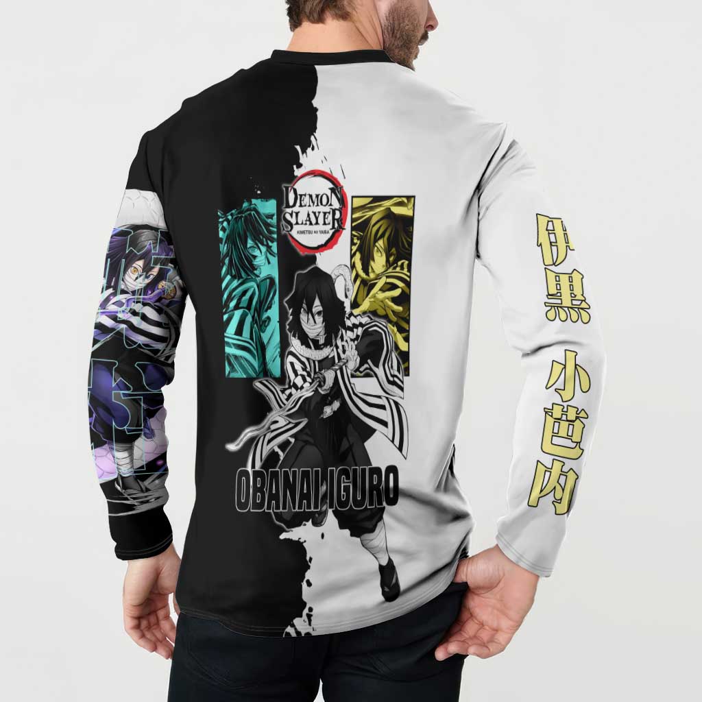 Obanai Iguro from Demon Slayer Button Sweatshirt with Black and White Contrast Background and Serpent-Themed Manga Style Design - The Mazicc