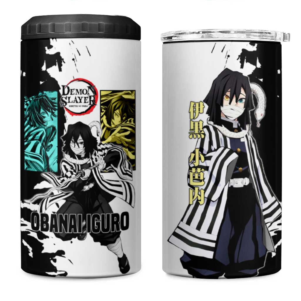 Obanai Iguro from Demon Slayer 4 in 1 Can Cooler Tumbler with Black and White Contrast Background and Serpent-Themed Manga Style Design - The Mazicc