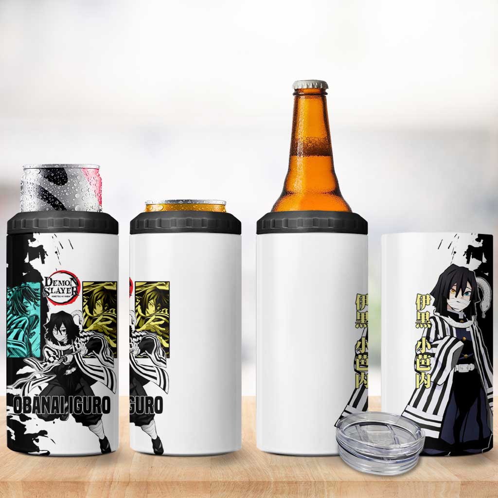 Obanai Iguro from Demon Slayer 4 in 1 Can Cooler Tumbler with Black and White Contrast Background and Serpent-Themed Manga Style Design - The Mazicc