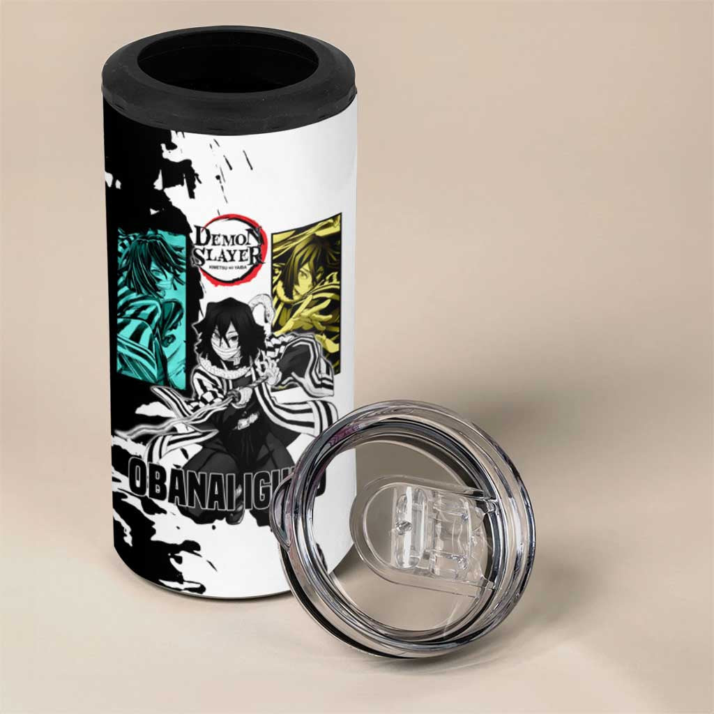 Obanai Iguro from Demon Slayer 4 in 1 Can Cooler Tumbler with Black and White Contrast Background and Serpent-Themed Manga Style Design - The Mazicc