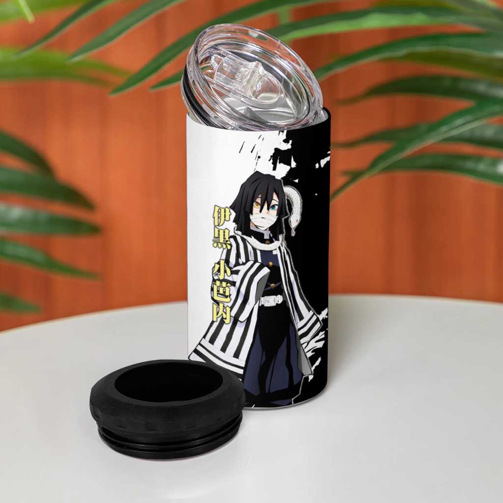 Obanai Iguro from Demon Slayer 4 in 1 Can Cooler Tumbler with Black and White Contrast Background and Serpent-Themed Manga Style Design - The Mazicc