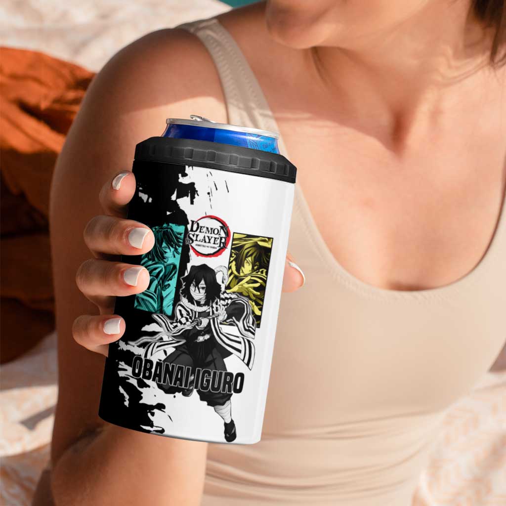Obanai Iguro from Demon Slayer 4 in 1 Can Cooler Tumbler with Black and White Contrast Background and Serpent-Themed Manga Style Design - The Mazicc