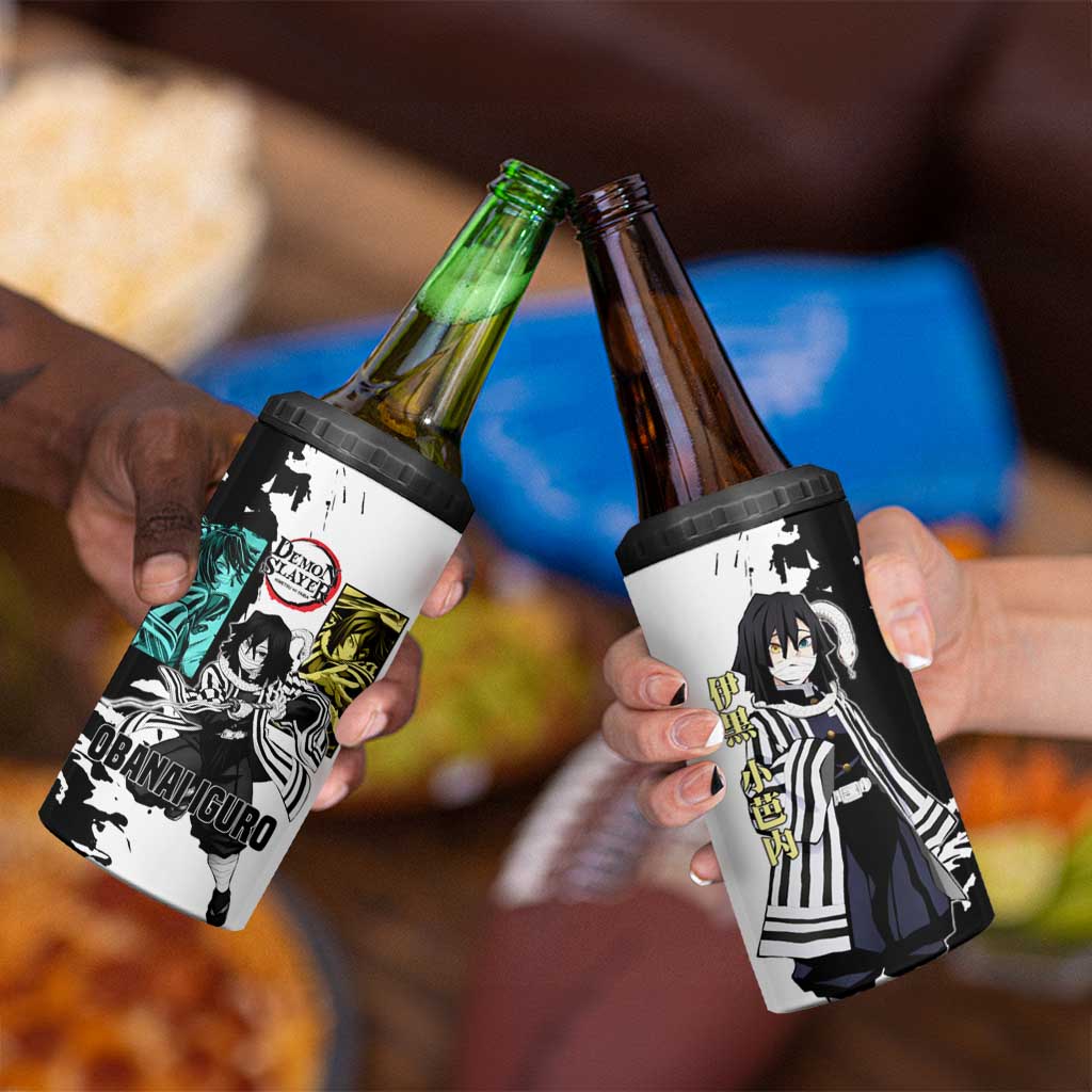 Obanai Iguro from Demon Slayer 4 in 1 Can Cooler Tumbler with Black and White Contrast Background and Serpent-Themed Manga Style Design - The Mazicc