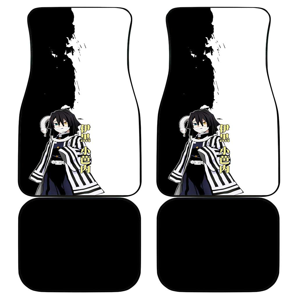 Obanai Iguro from Demon Slayer Car Mats with Black and White Contrast Background and Serpent-Themed Manga Style Design - The Mazicc