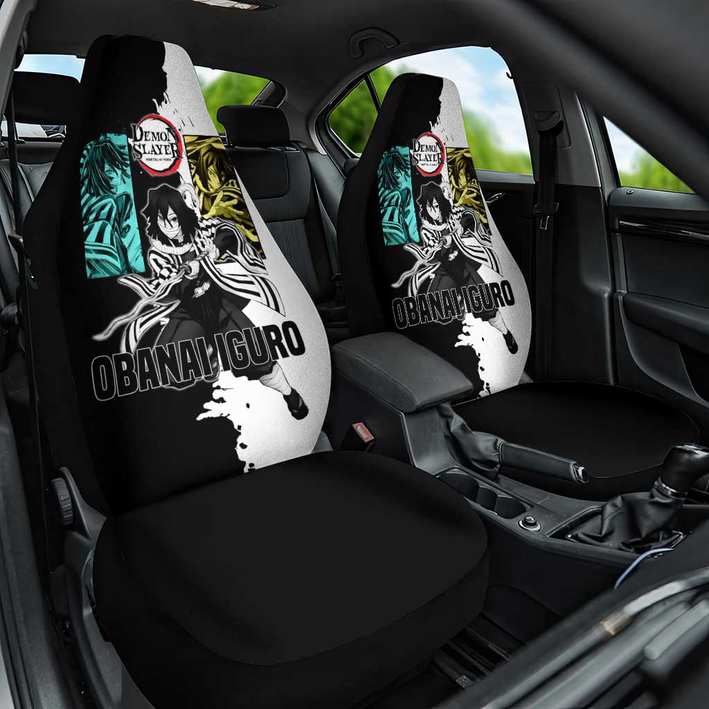 Obanai Iguro from Demon Slayer Car Seat Cover with Black and White Contrast Background and Serpent-Themed Manga Style Design - The Mazicc