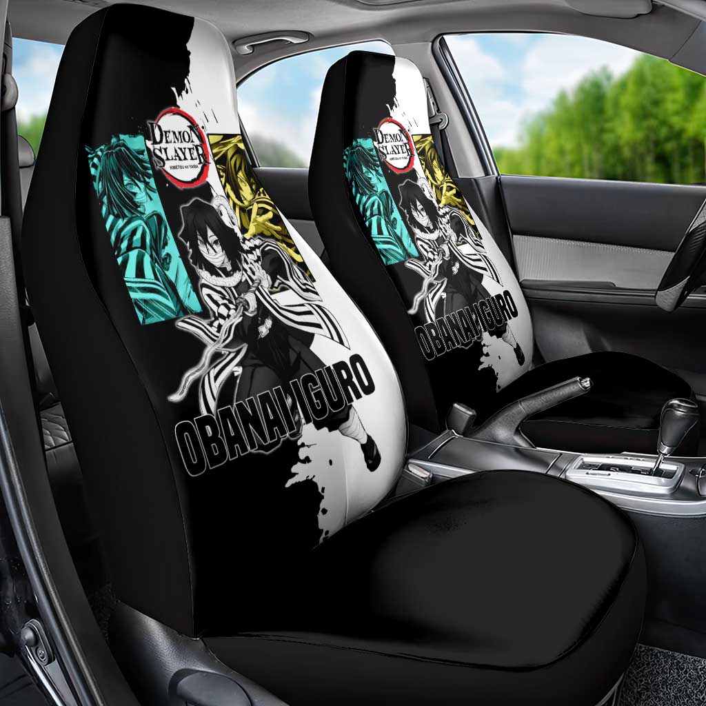 Obanai Iguro from Demon Slayer Car Seat Cover with Black and White Contrast Background and Serpent-Themed Manga Style Design - The Mazicc