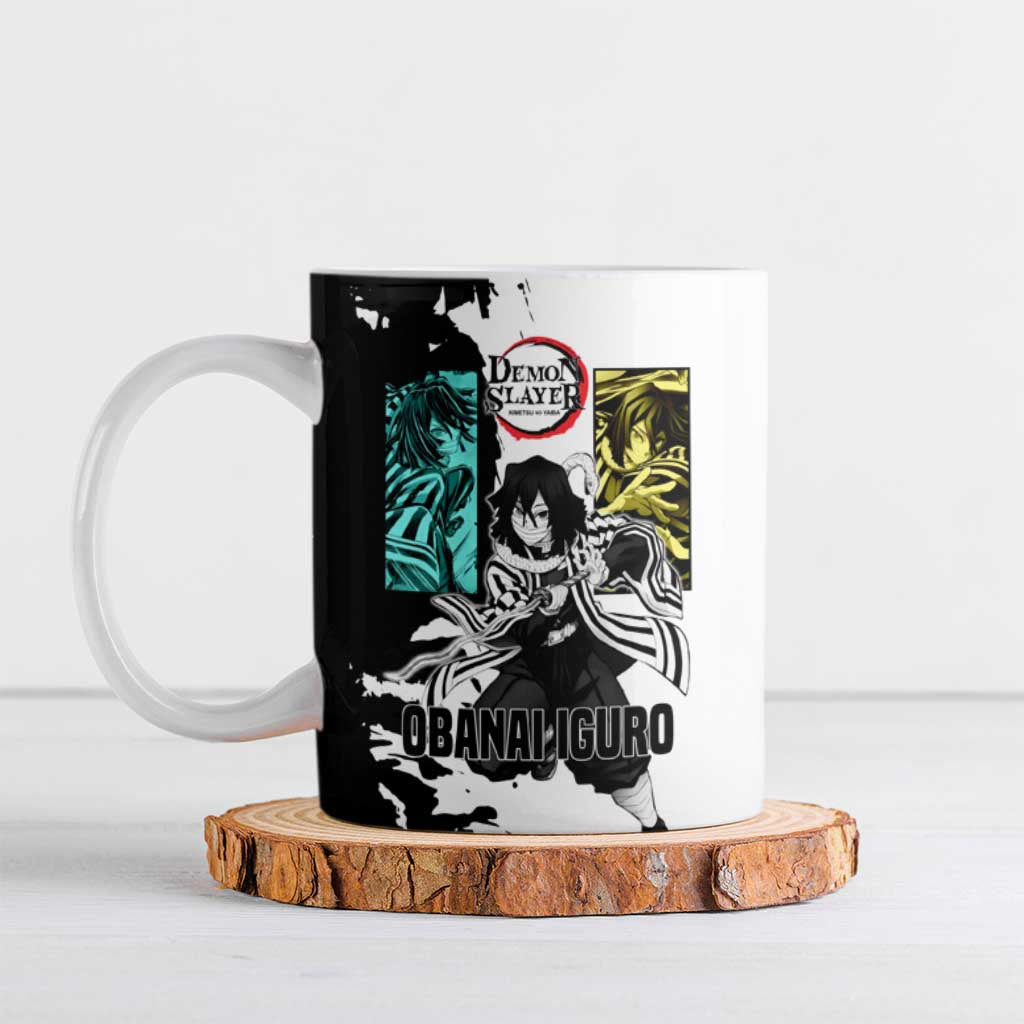 Obanai Iguro from Demon Slayer Ceramic Mug with Black and White Contrast Background and Serpent-Themed Manga Style Design - The Mazicc