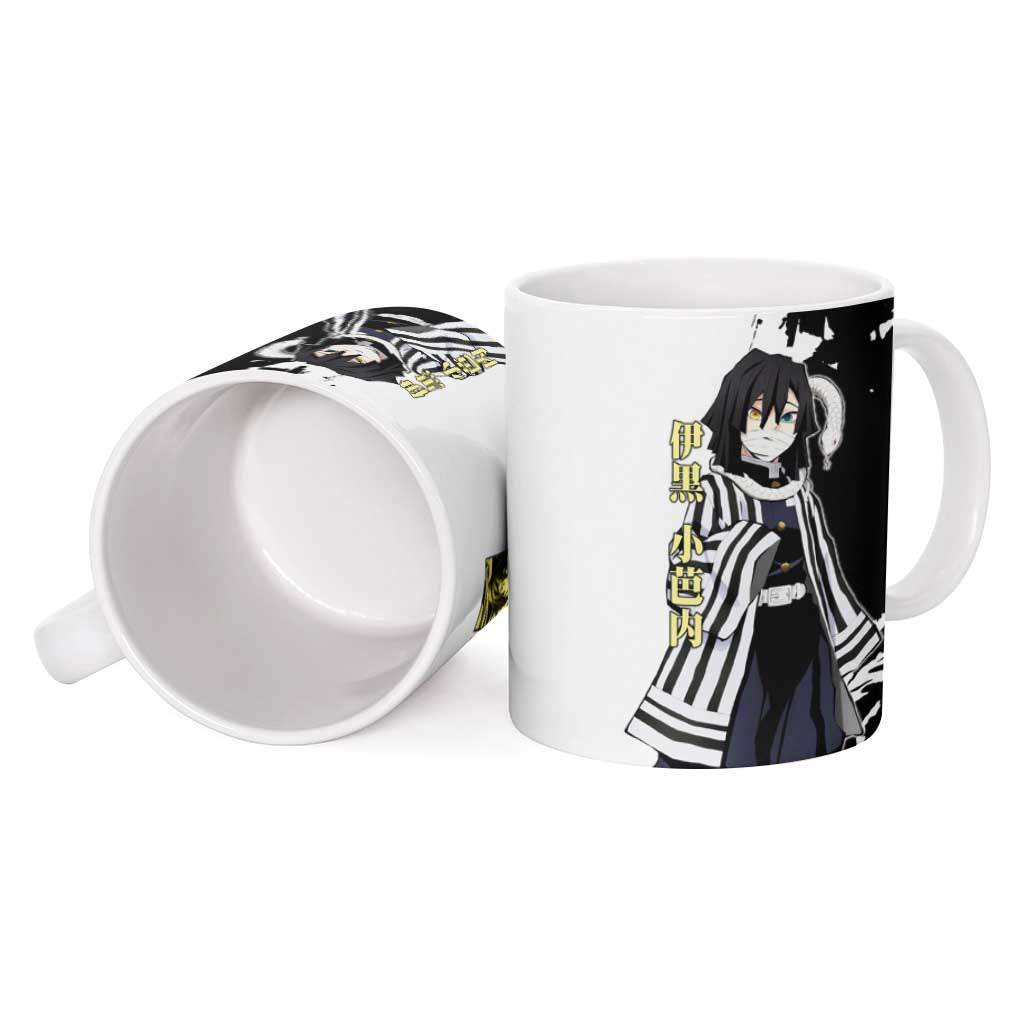Obanai Iguro from Demon Slayer Ceramic Mug with Black and White Contrast Background and Serpent-Themed Manga Style Design - The Mazicc