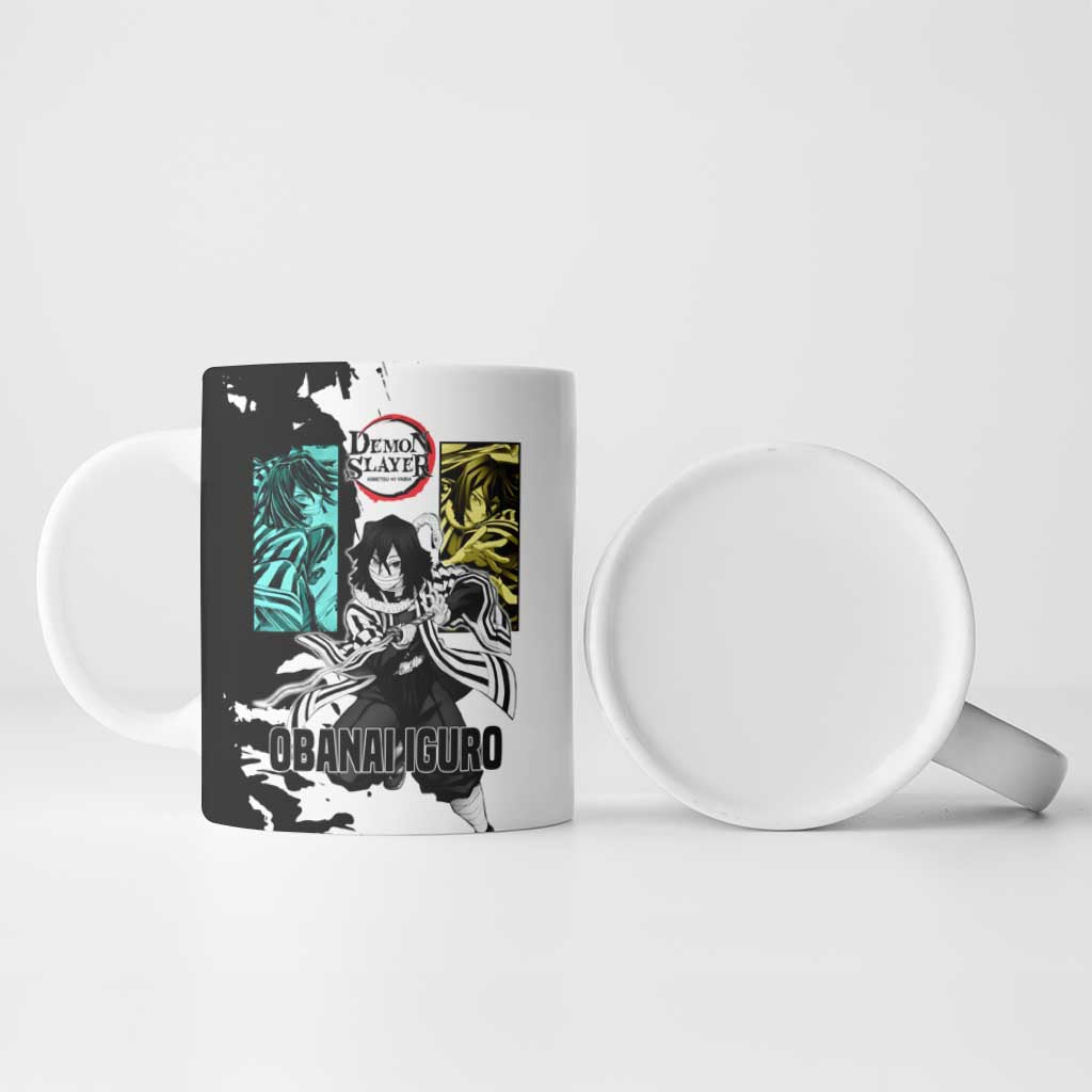 Obanai Iguro from Demon Slayer Ceramic Mug with Black and White Contrast Background and Serpent-Themed Manga Style Design - The Mazicc