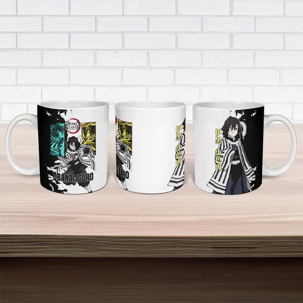 Obanai Iguro from Demon Slayer Ceramic Mug with Black and White Contrast Background and Serpent-Themed Manga Style Design - The Mazicc