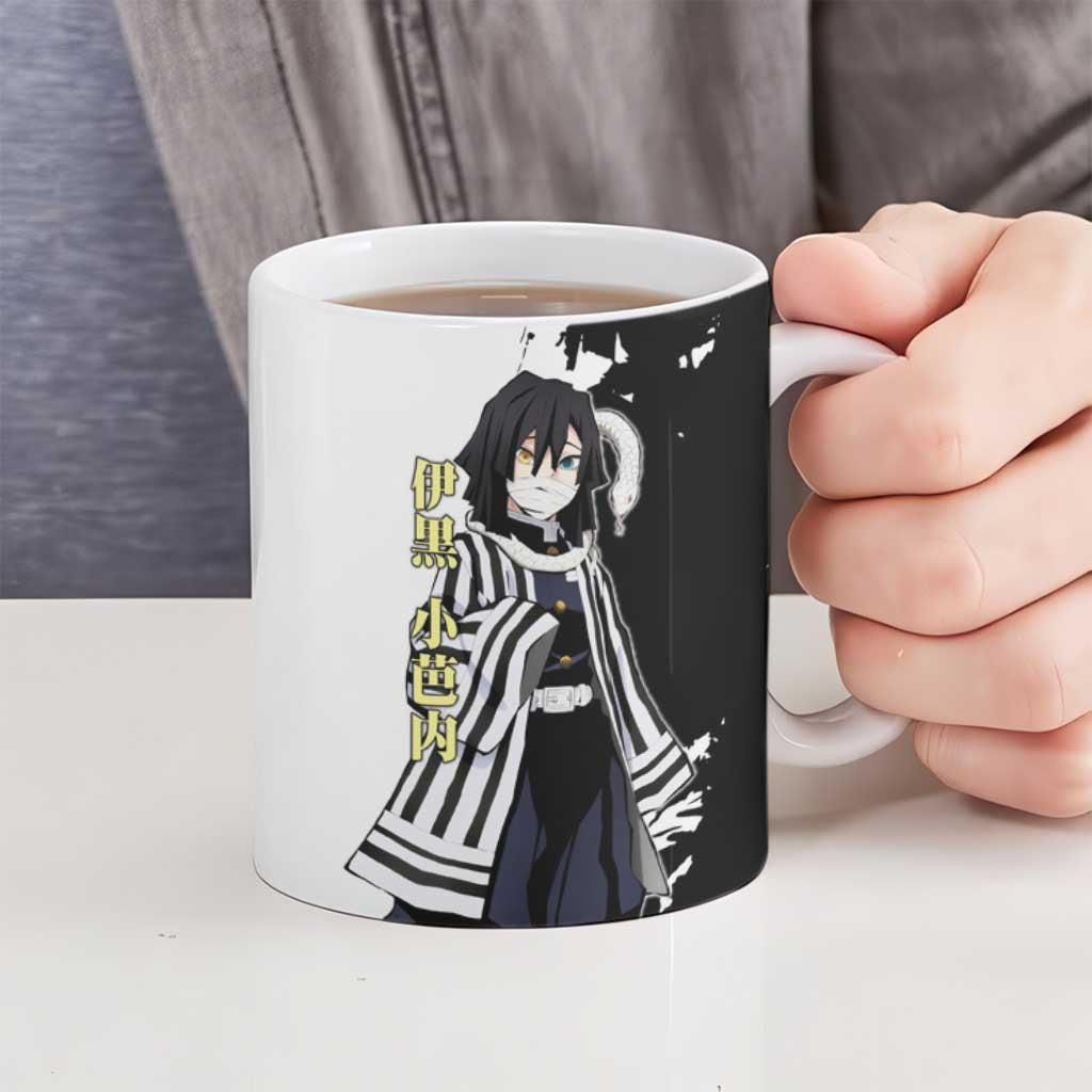 Obanai Iguro from Demon Slayer Ceramic Mug with Black and White Contrast Background and Serpent-Themed Manga Style Design - The Mazicc