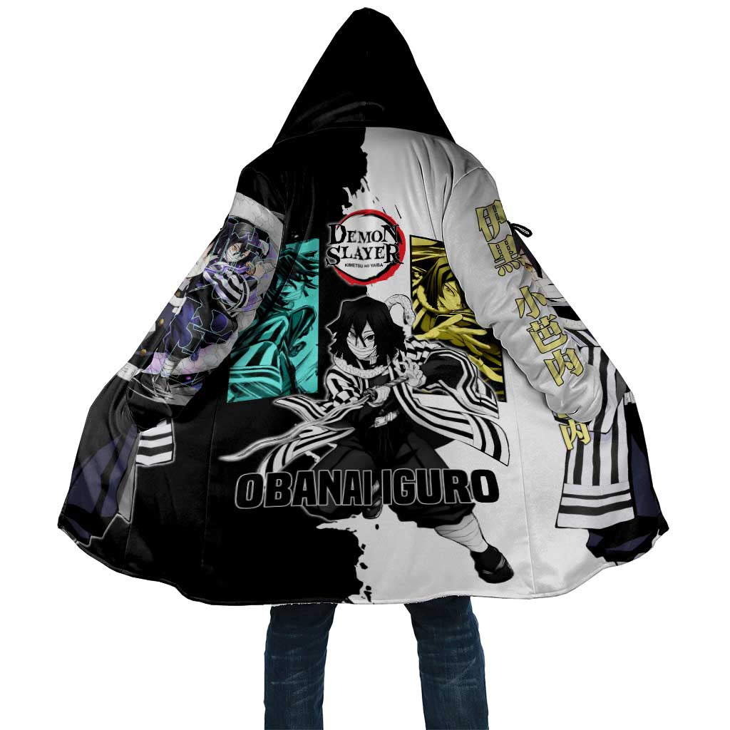 Obanai Iguro from Demon Slayer Cloak with Black and White Contrast Background and Serpent-Themed Manga Style Design - The Mazicc