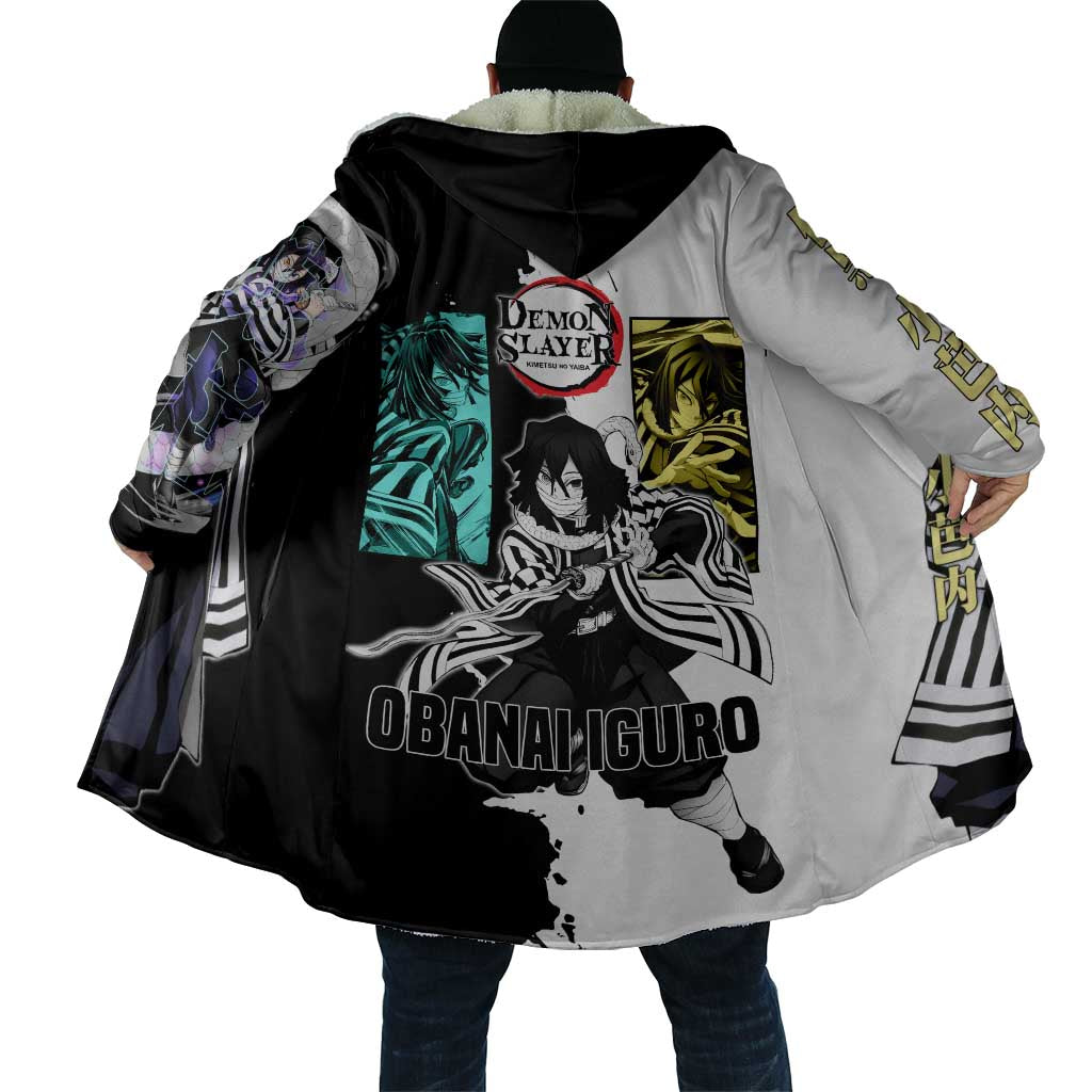 Obanai Iguro from Demon Slayer Cloak with Black and White Contrast Background and Serpent-Themed Manga Style Design - The Mazicc