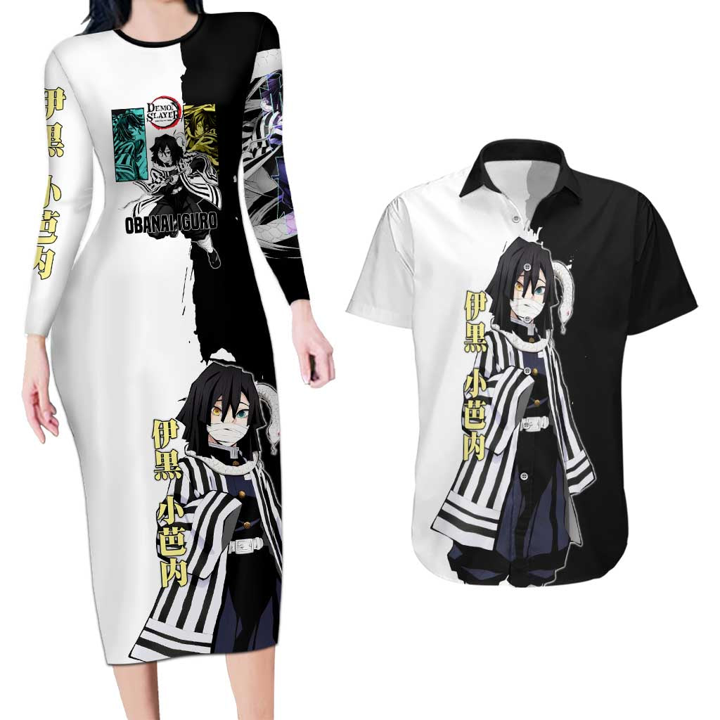 Obanai Iguro from Demon Slayer Couples Matching Long Sleeve Bodycon Dress and Hawaiian Shirt with Black and White Contrast Background and Serpent-Themed Manga Style Design - The Mazicc