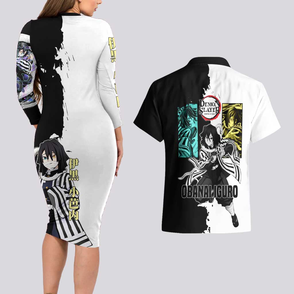 Obanai Iguro from Demon Slayer Couples Matching Long Sleeve Bodycon Dress and Hawaiian Shirt with Black and White Contrast Background and Serpent-Themed Manga Style Design - The Mazicc