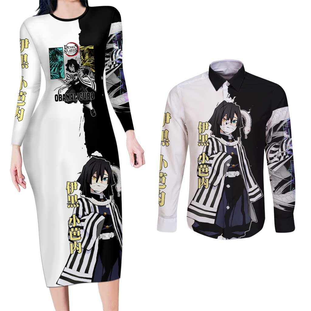 Obanai Iguro from Demon Slayer Couples Matching Long Sleeve Bodycon Dress and Long Sleeve Button Shirt with Black and White Contrast Background and Serpent-Themed Manga Style Design - The Mazicc
