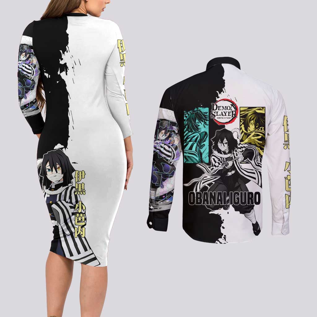 Obanai Iguro from Demon Slayer Couples Matching Long Sleeve Bodycon Dress and Long Sleeve Button Shirt with Black and White Contrast Background and Serpent-Themed Manga Style Design - The Mazicc