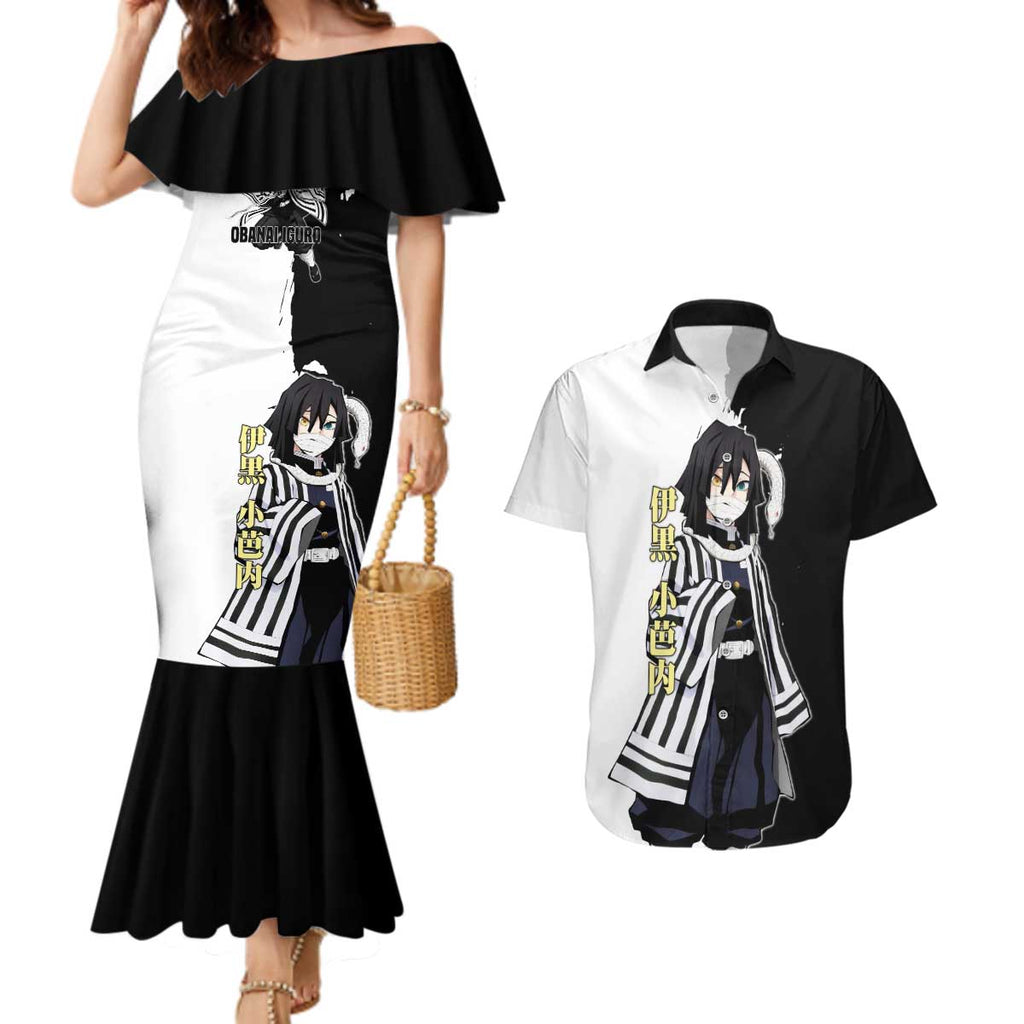 Obanai Iguro from Demon Slayer Couples Matching Mermaid Dress and Hawaiian Shirt with Black and White Contrast Background and Serpent-Themed Manga Style Design - The Mazicc