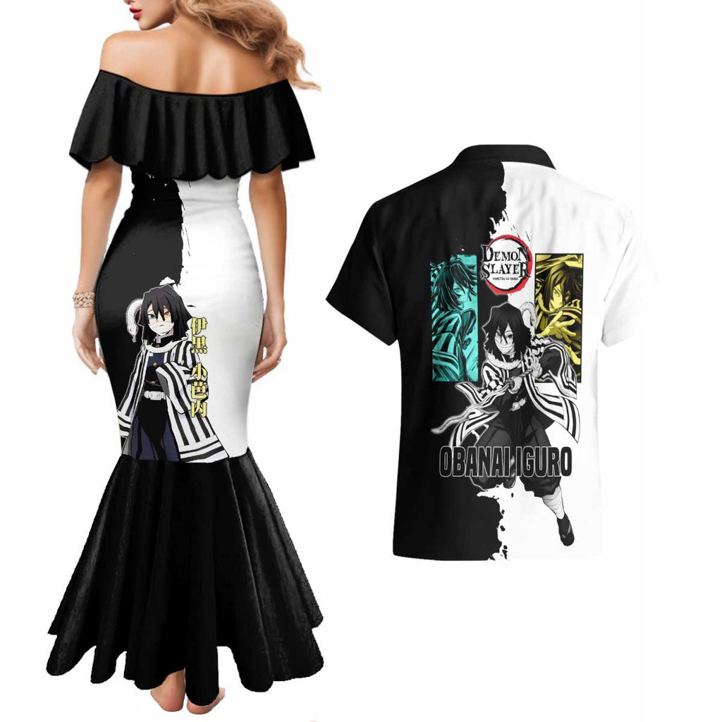 Obanai Iguro from Demon Slayer Couples Matching Mermaid Dress and Hawaiian Shirt with Black and White Contrast Background and Serpent-Themed Manga Style Design - The Mazicc