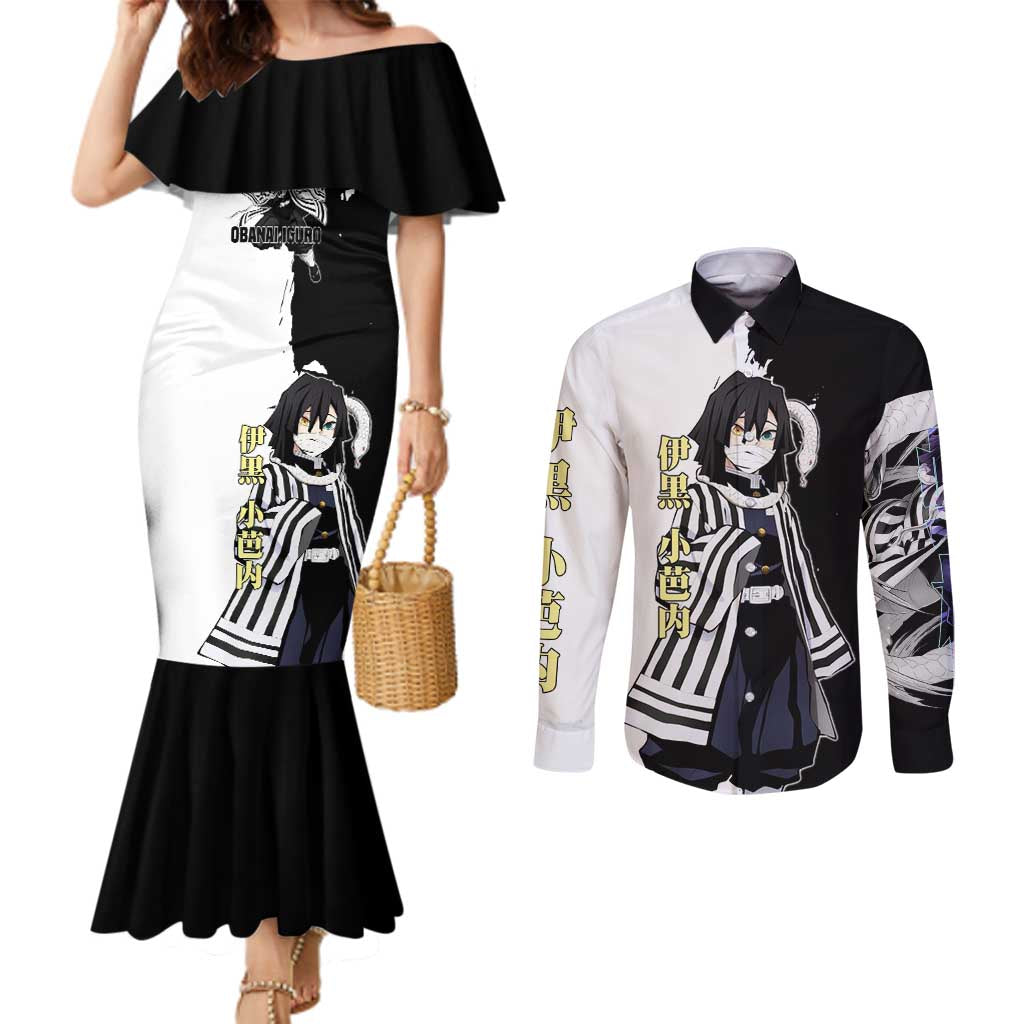 Obanai Iguro from Demon Slayer Couples Matching Mermaid Dress and Long Sleeve Button Shirt with Black and White Contrast Background and Serpent-Themed Manga Style Design - The Mazicc