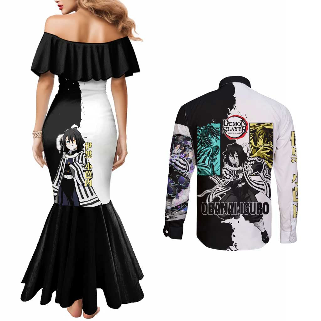 Obanai Iguro from Demon Slayer Couples Matching Mermaid Dress and Long Sleeve Button Shirt with Black and White Contrast Background and Serpent-Themed Manga Style Design - The Mazicc