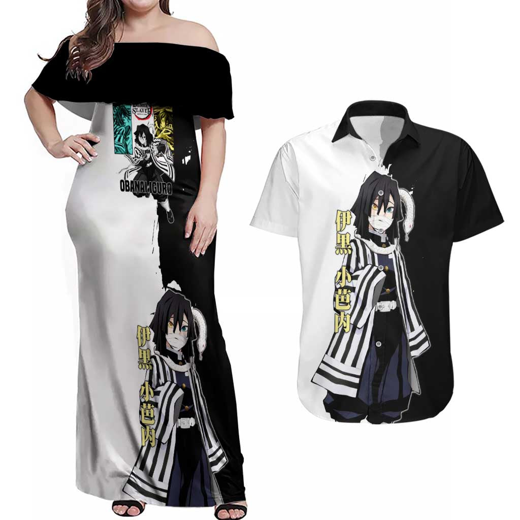 Obanai Iguro from Demon Slayer Couples Matching Off Shoulder Maxi Dress and Hawaiian Shirt with Black and White Contrast Background and Serpent-Themed Manga Style Design - The Mazicc