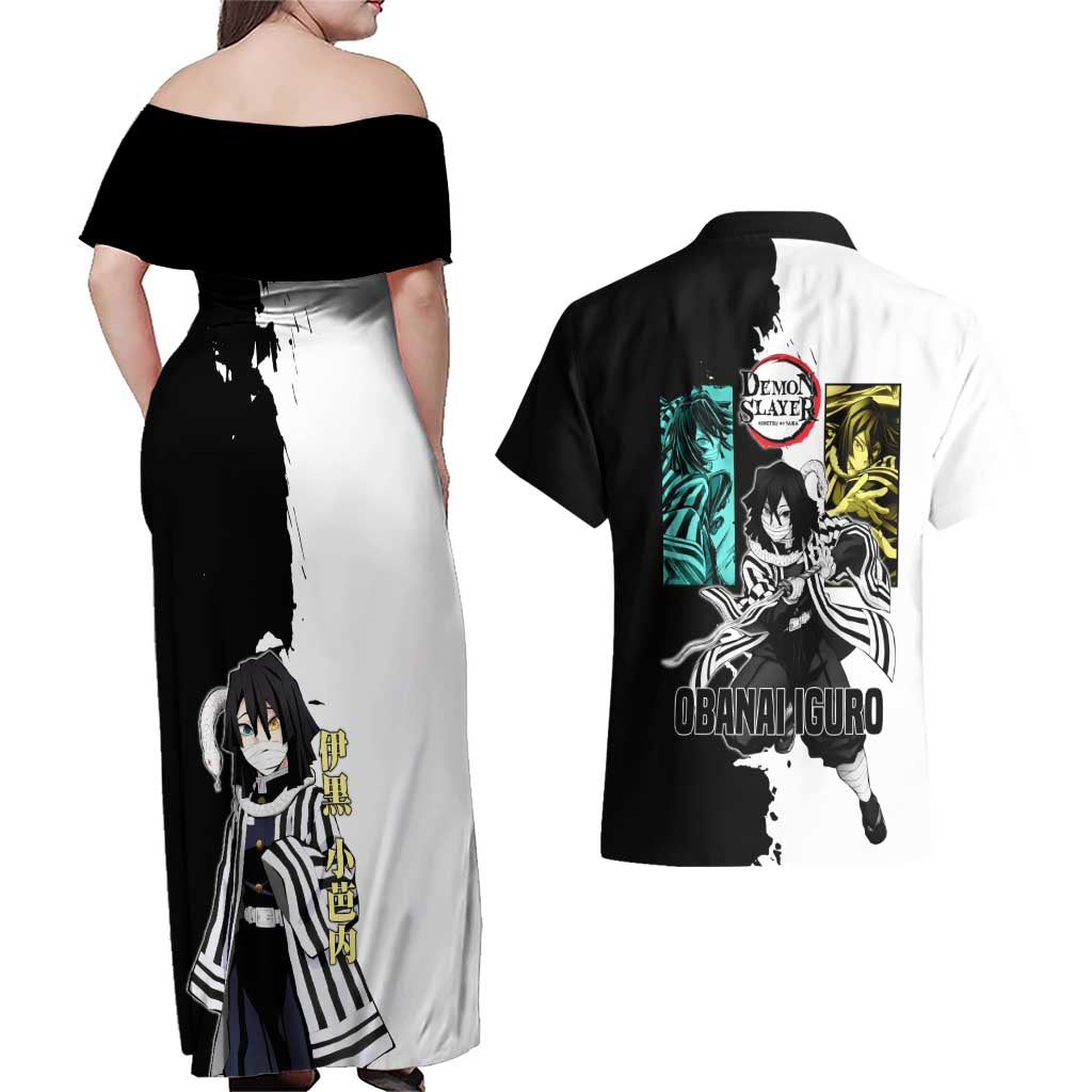 Obanai Iguro from Demon Slayer Couples Matching Off Shoulder Maxi Dress and Hawaiian Shirt with Black and White Contrast Background and Serpent-Themed Manga Style Design - The Mazicc