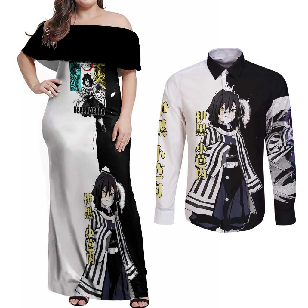 Obanai Iguro from Demon Slayer Couples Matching Off Shoulder Maxi Dress and Long Sleeve Button Shirt with Black and White Contrast Background and Serpent-Themed Manga Style Design - The Mazicc