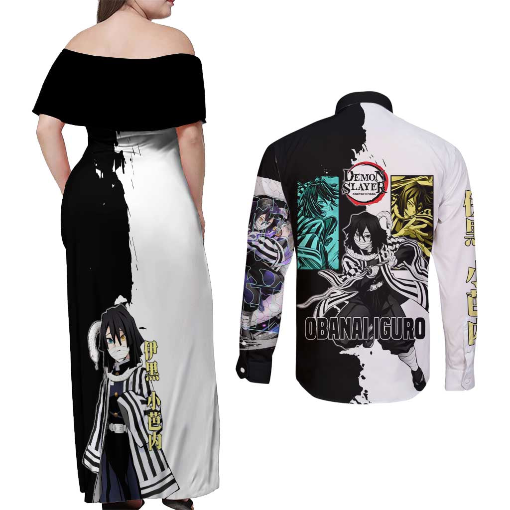 Obanai Iguro from Demon Slayer Couples Matching Off Shoulder Maxi Dress and Long Sleeve Button Shirt with Black and White Contrast Background and Serpent-Themed Manga Style Design - The Mazicc
