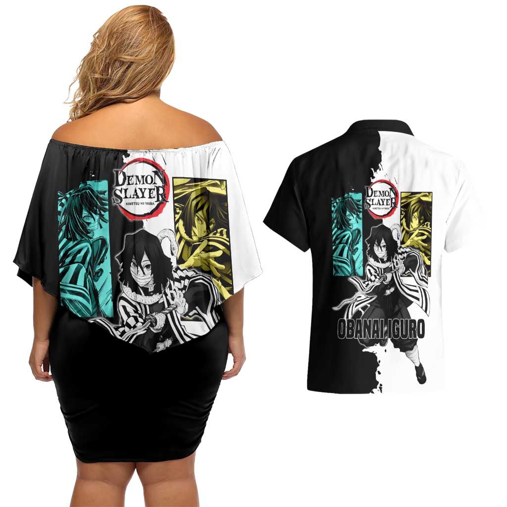 Obanai Iguro from Demon Slayer Couples Matching Off Shoulder Short Dress and Hawaiian Shirt with Black and White Contrast Background and Serpent-Themed Manga Style Design - The Mazicc