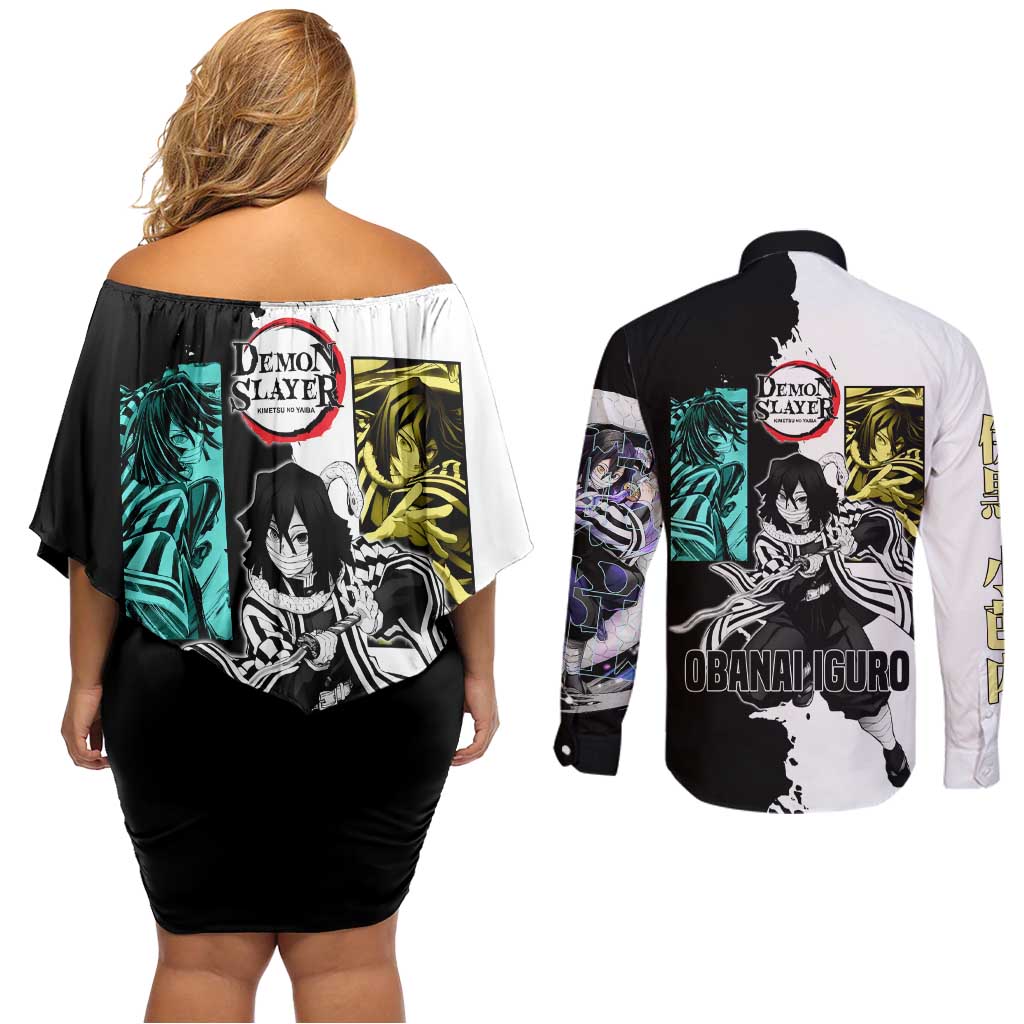 Obanai Iguro from Demon Slayer Couples Matching Off Shoulder Short Dress and Long Sleeve Button Shirt with Black and White Contrast Background and Serpent-Themed Manga Style Design - The Mazicc