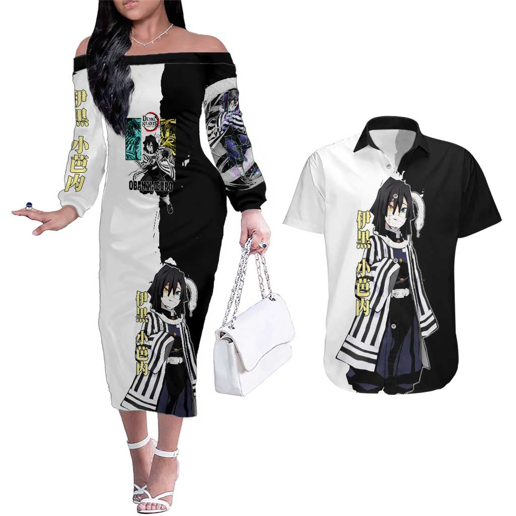 Obanai Iguro from Demon Slayer Couples Matching Off The Shoulder Long Sleeve Dress and Hawaiian Shirt with Black and White Contrast Background and Serpent-Themed Manga Style Design - The Mazicc