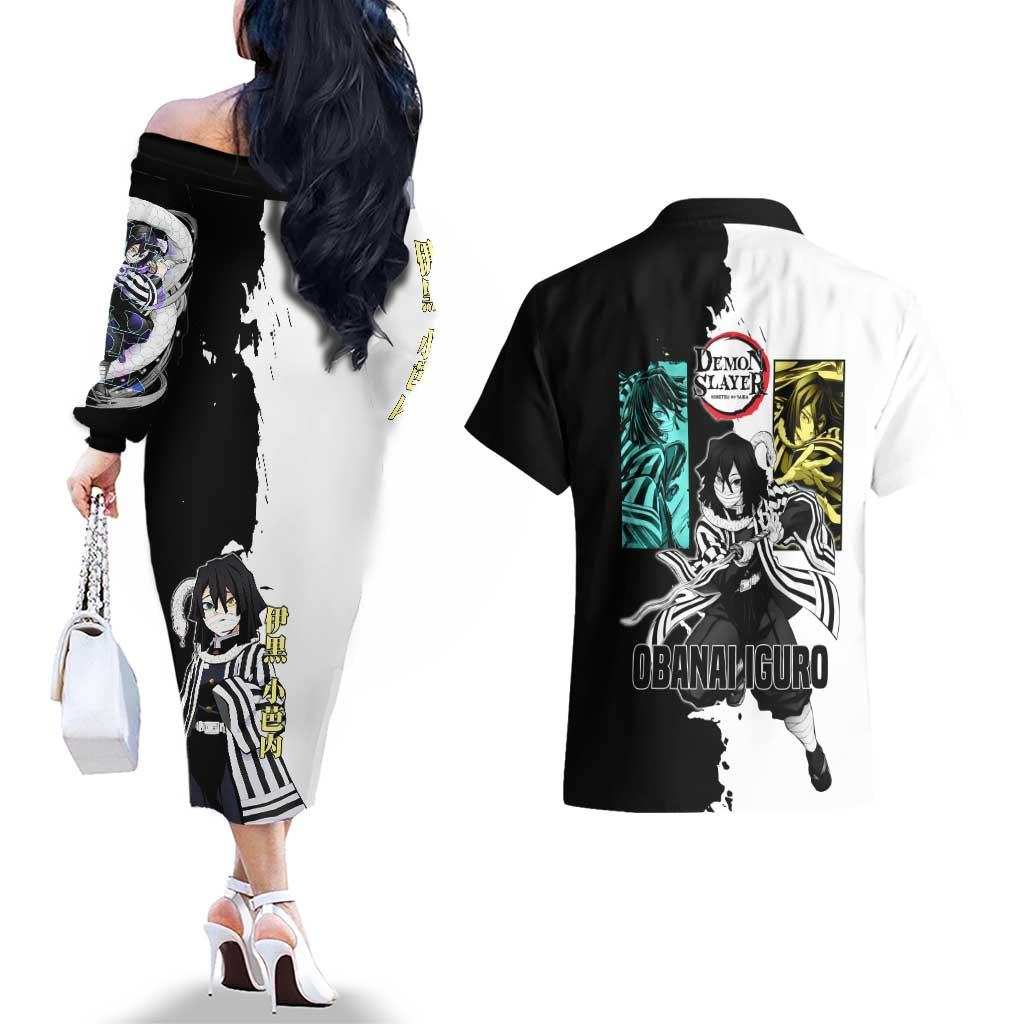 Obanai Iguro from Demon Slayer Couples Matching Off The Shoulder Long Sleeve Dress and Hawaiian Shirt with Black and White Contrast Background and Serpent-Themed Manga Style Design - The Mazicc