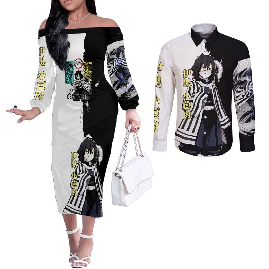 Obanai Iguro from Demon Slayer Couples Matching Off The Shoulder Long Sleeve Dress and Long Sleeve Button Shirt with Black and White Contrast Background and Serpent-Themed Manga Style Design - The Mazicc